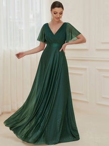 Color=Dark Green | Deep V Neck Ruffles Sleeve A Line Wholesale Evening Dresses-Dark Green 4