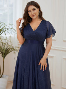 Color=Navy Blue |Plus Size Deep V Neck Ruffles Sleeve A Line Wholesale Evening Dresses-Navy Blue 5