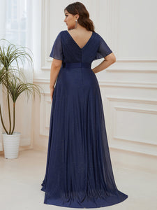 Color=Navy Blue |Plus Size Deep V Neck Ruffles Sleeve A Line Wholesale Evening Dresses-Navy Blue 2