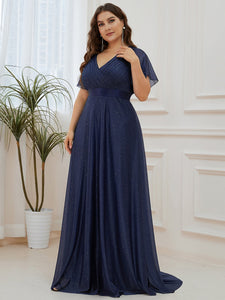 Color=Navy Blue |Plus Size Deep V Neck Ruffles Sleeve A Line Wholesale Evening Dresses-Navy Blue 3