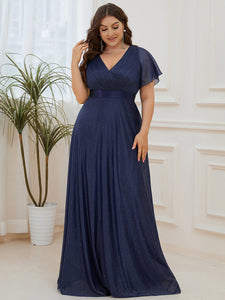 Color=Navy Blue |Plus Size Deep V Neck Ruffles Sleeve A Line Wholesale Evening Dresses-Navy Blue 4