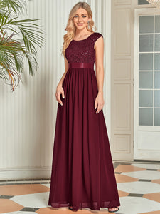 Color=Burgundy | Round Neck A Line Floor Length Wholesale Evening Dresses Gowns-Burgundy 1