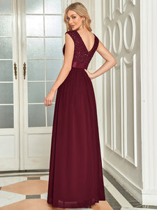 Color=Burgundy | Round Neck A Line Floor Length Wholesale Evening Dresses Gowns-Burgundy 2