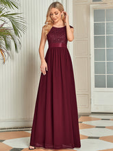 Load image into Gallery viewer, Color=Burgundy | Round Neck A Line Floor Length Wholesale Evening Dresses Gowns-Burgundy 3