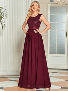Color=Burgundy | Round Neck A Line Floor Length Wholesale Evening Dresses Gowns-Burgundy 4