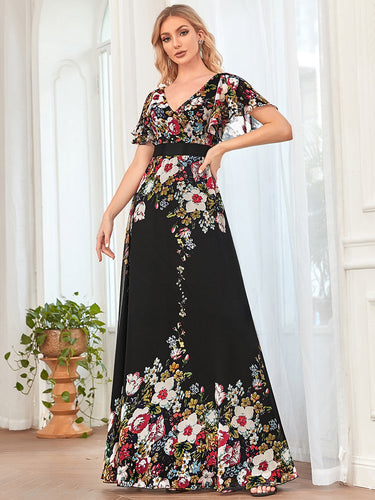 Color=Black and printed | Short Ruffles Sleeves V Neck A Line Wholesale Evening Dresses-Black and printed 1
