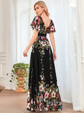 Load image into Gallery viewer, Color=Black and printed | Short Ruffles Sleeves V Neck A Line Wholesale Evening Dresses-Black and printed 2