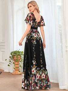 Color=Black and printed | Short Ruffles Sleeves V Neck A Line Wholesale Evening Dresses-Black and printed 2