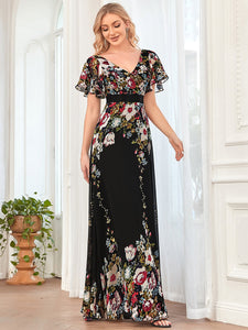 Color=Black and printed | Short Ruffles Sleeves V Neck A Line Wholesale Evening Dresses-Black and printed 4