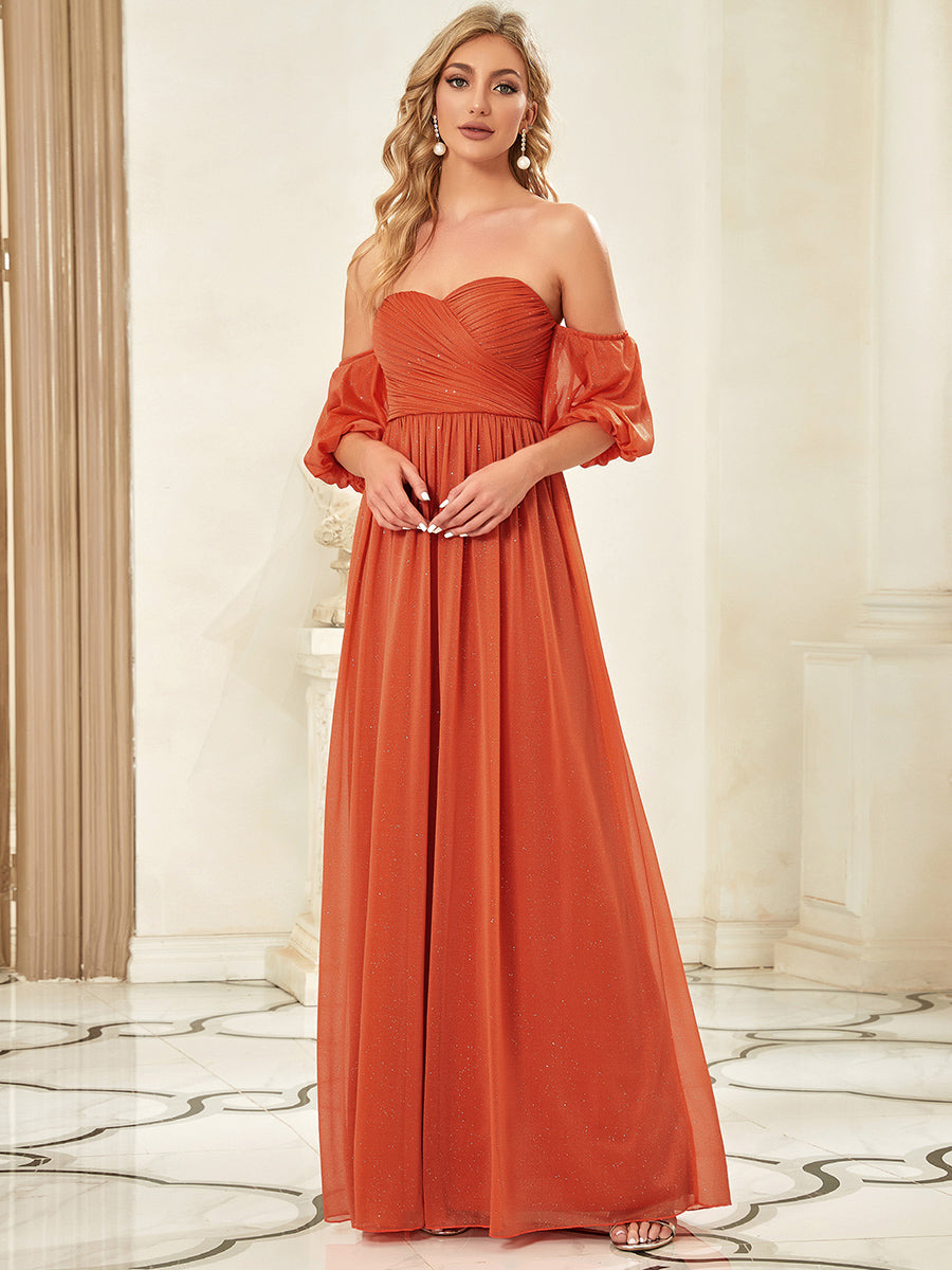 Color=Orange | Off Shoulders Short Lantern Sleeves Wholesale Evening Dresses-Orange 1