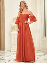 Load image into Gallery viewer, Color=Orange | Off Shoulders Short Lantern Sleeves Wholesale Evening Dresses-Orange 2