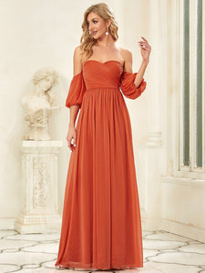 Color=Orange | Off Shoulders Short Lantern Sleeves Wholesale Evening Dresses-Orange 3