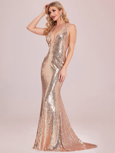 Color=Rose Gold | Sleeveless Backless V Neck Fishtail Wholesale Evening Dresses-Rose Gold 5