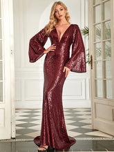 Load image into Gallery viewer, Color=Burgundy | V Neck Long Pagoda Sleeves Fishtail Wholesale Evening Dresses-Burgundy 3
