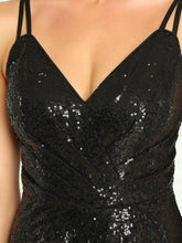Load image into Gallery viewer, Color=Black | Sparkly A Line V Neck Spaghetti Straps Wholesale Evening Dresses-Black 5