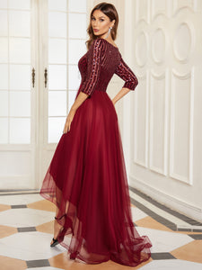 Color=Burgundy | Sparkly Deep V Neck Asymmetrical Hem Wholesale Evening Dresses-Burgundy 2