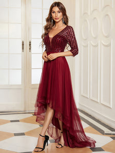 Color=Burgundy | Sparkly Deep V Neck Asymmetrical Hem Wholesale Evening Dresses-Burgundy 3