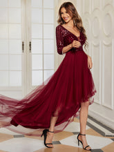 Load image into Gallery viewer, Color=Burgundy | Sparkly Deep V Neck Asymmetrical Hem Wholesale Evening Dresses-Burgundy 4