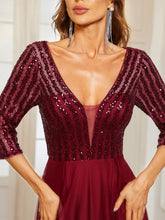 Load image into Gallery viewer, Color=Burgundy | Sparkly Deep V Neck Asymmetrical Hem Wholesale Evening Dresses-Burgundy 5