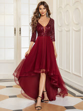 Load image into Gallery viewer, Color=Burgundy | Sparkly Deep V Neck Asymmetrical Hem Wholesale Evening Dresses-Burgundy 1