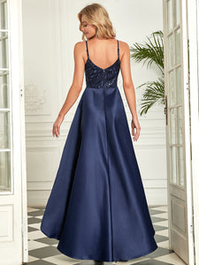Color=Navy Blue | A Line Deep V Neck Asymmetrical Hem Wholesale Evening Dresses-Navy Blue 2