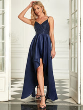 Load image into Gallery viewer, Color=Navy Blue | A Line Deep V Neck Asymmetrical Hem Wholesale Evening Dresses-Navy Blue 3