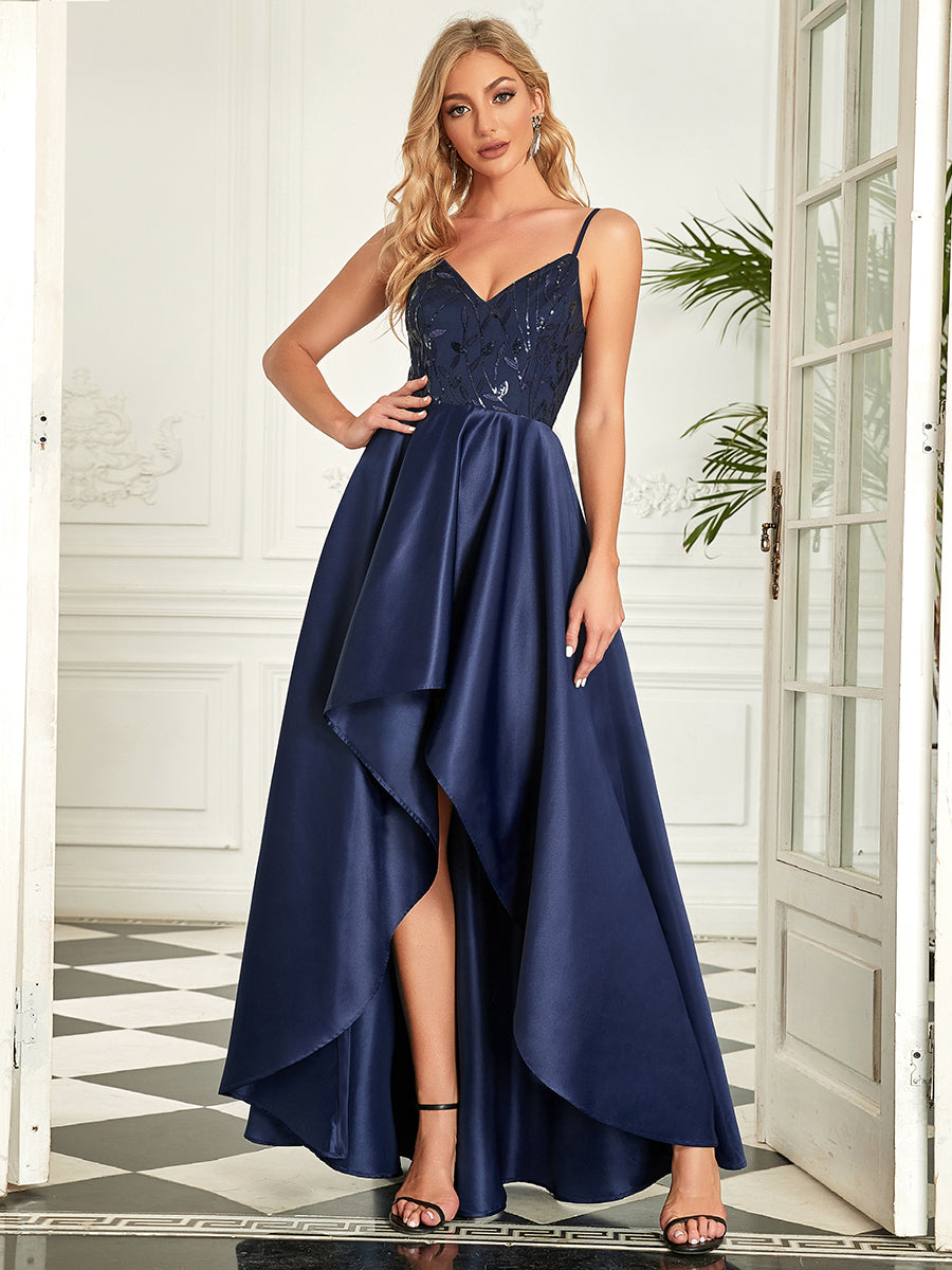 Color=Navy Blue | A Line Deep V Neck Asymmetrical Hem Wholesale Evening Dresses-Navy Blue 1