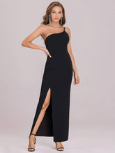 Load image into Gallery viewer, Color=Black | Asymmetric Shoulder Evening Dress For Women-Black 6