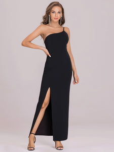 Color=Black | Asymmetric Shoulder Evening Dress For Women-Black 6