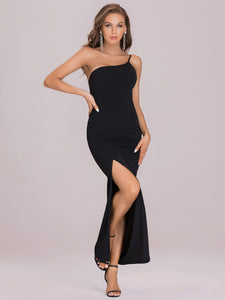 Color=Black | Asymmetric Shoulder Evening Dress For Women-Black 7