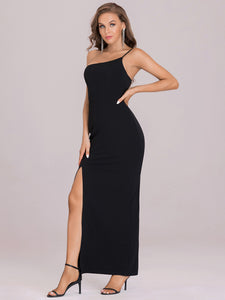 Color=Black | Asymmetric Shoulder Evening Dress For Women-Black 8