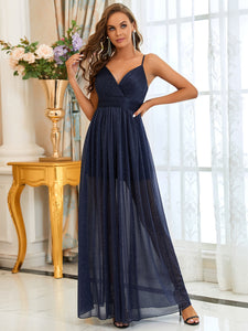 Color=Navy Blue | Stunning Deep V Neck Split Design Wholesale Evening Dresses-Navy Blue 4