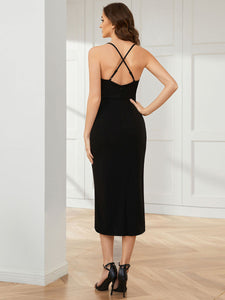 Color=Black | Elegant Tea Length High Stretch Backless Split wholesale Wedding Guest Dress-Black 3