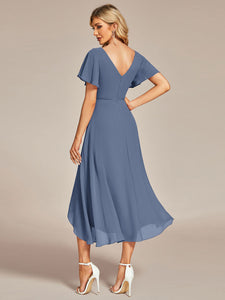 Color=Dusty Navy | V-Neck High Low CHiffon Ruffles Wholesale Evening Dresses-Dusty Navy 2