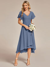 Load image into Gallery viewer, Color=Dusty Navy | V-Neck High Low CHiffon Ruffles Wholesale Evening Dresses-Dusty Navy 3