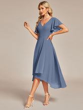 Load image into Gallery viewer, Color=Dusty Navy | V-Neck High Low CHiffon Ruffles Wholesale Evening Dresses-Dusty Navy 4