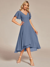 Load image into Gallery viewer, Color=Dusty Navy | V-Neck High Low CHiffon Ruffles Wholesale Evening Dresses-Dusty Navy 1