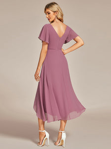 Color=Orchid | V-Neck High Low CHiffon Ruffles Wholesale Evening Dresses-Orchid 2