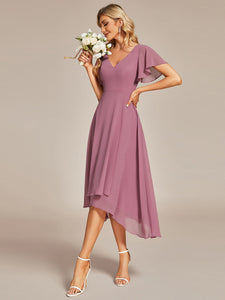 Color=Orchid | V-Neck High Low CHiffon Ruffles Wholesale Evening Dresses-Orchid 4