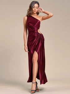 Color=Burgundy | Hot One Shoulder Pleated Bare Waist Wholesale Stain Evening Dresses-Burgundy 4