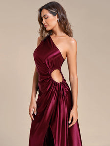 Color=Burgundy | Hot One Shoulder Pleated Bare Waist Wholesale Stain Evening Dresses-Burgundy 5