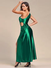 Load image into Gallery viewer, Color=Dark Green | Hot One Shoulder Pleated Bare Waist Wholesale Stain Evening Dresses-Dark Green 3