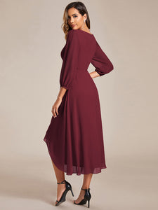 Color=Burgundy | Long Sleeves Pleated Ruffles Chiffon Wholesale Wedding Guest Dresses-Burgundy 2