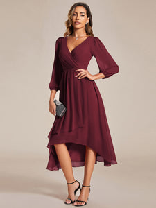 Color=Burgundy | Long Sleeves Pleated Ruffles Chiffon Wholesale Wedding Guest Dresses-Burgundy 3