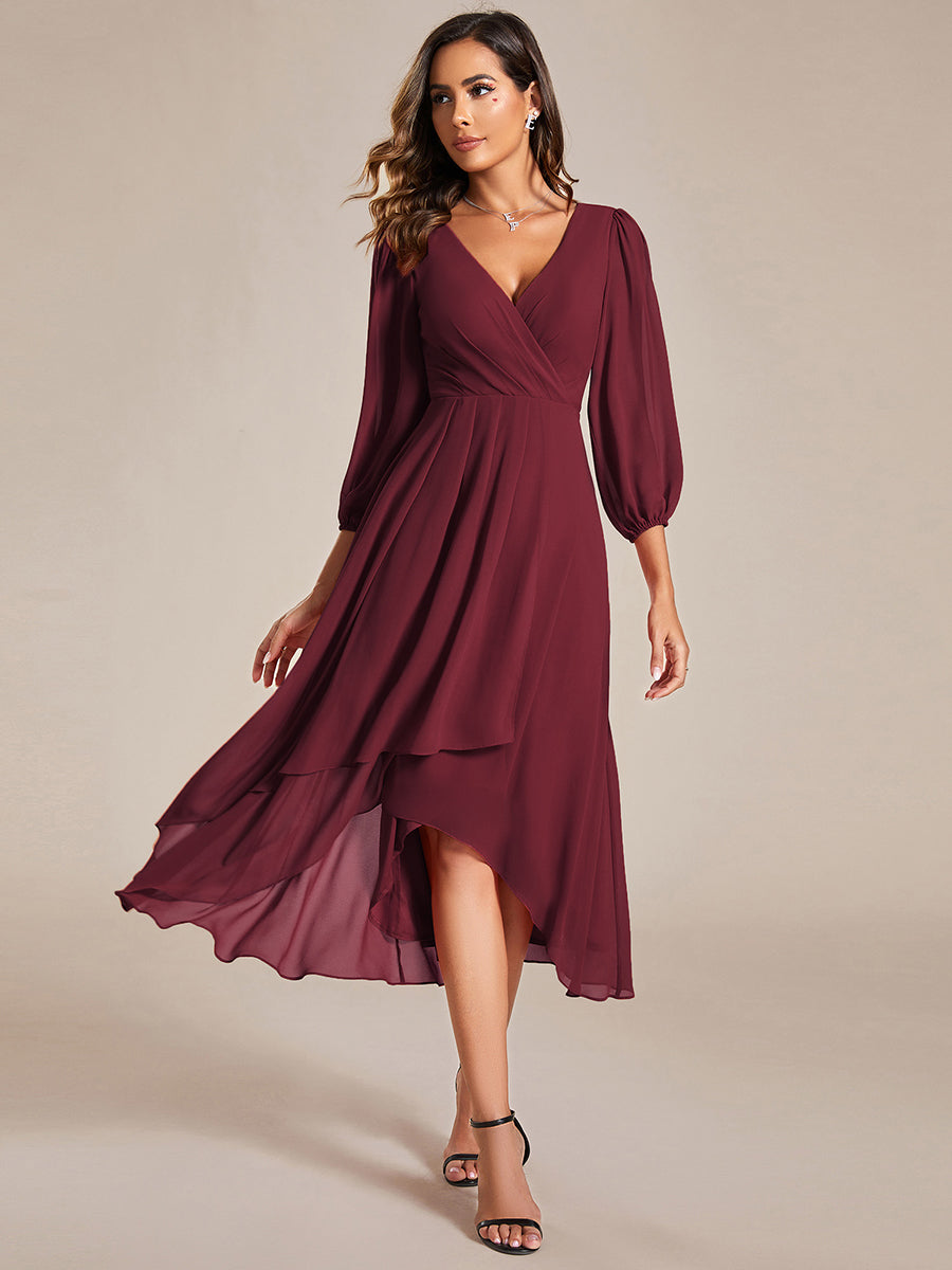 Color=Burgundy | Long Sleeves Pleated Ruffles Chiffon Wholesale Wedding Guest Dresses-Burgundy 1