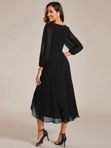 Long Sleeves Pleated Ruffles Chiffon Wholesale Wedding Guest#Color_Black