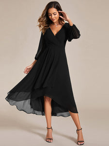 Long Sleeves Pleated Ruffles Chiffon Wholesale Wedding Guest#Color_Black