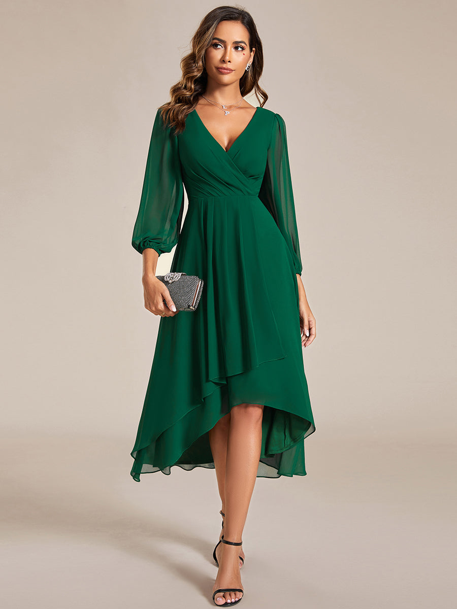 Long Sleeves Pleated Ruffles Chiffon Wholesale Wedding Guest#Color_Dark Green