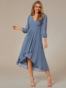 Color=Dusty Navy | Long Sleeves Pleated Ruffles Chiffon Wholesale Wedding Guest Dresses-Dusty Navy 13