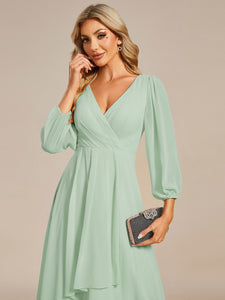 Color=Mint Green | Long Sleeves Pleated Ruffles Chiffon Wholesale Wedding Guest Dresses-Mint Green 
